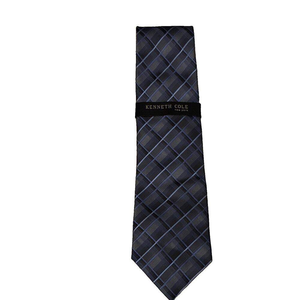 NWT Kenneth Cole New York Classic 3.5" Silk Tie Blue Gray Gold Plaid Hand Made
